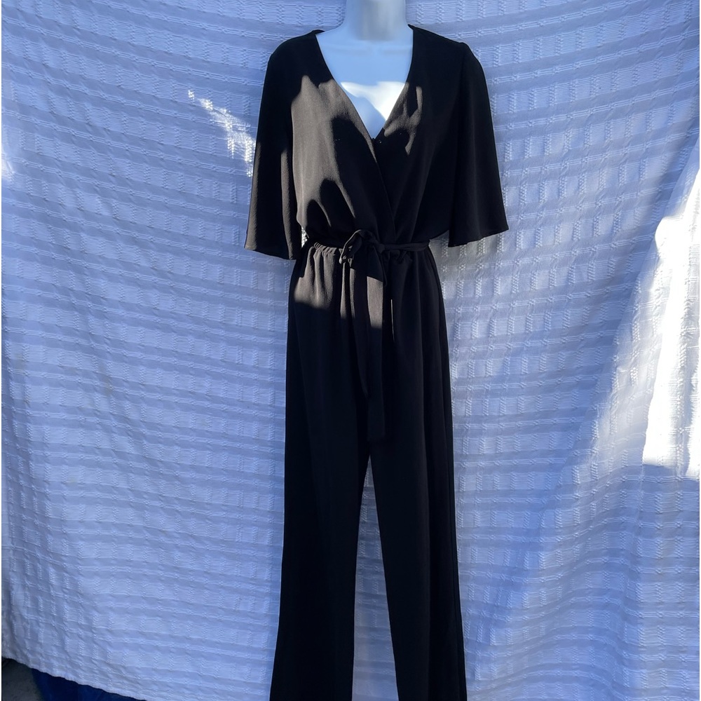 Charles Henry Black V-Neck Jumpsuit with Tie Waist